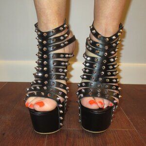 NNB Black Studded Multi Strap High Heel Platform Sandals